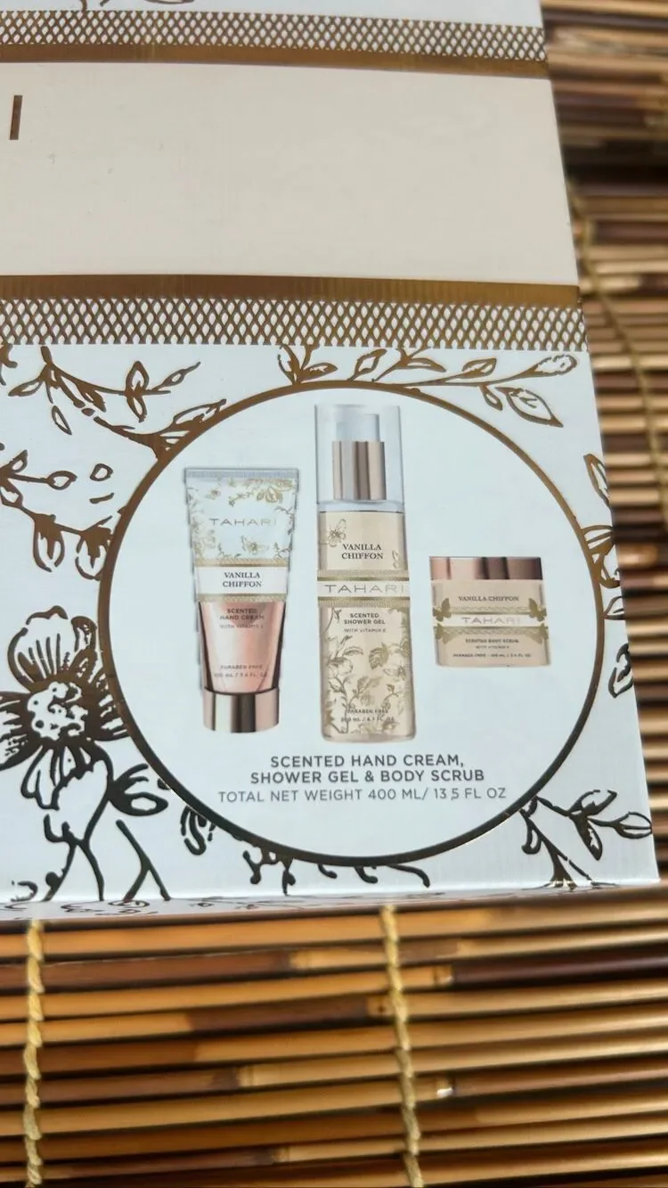 Tahari Vanilla Chiffon Hand Cream Shower Gel and Body Scrub Set New